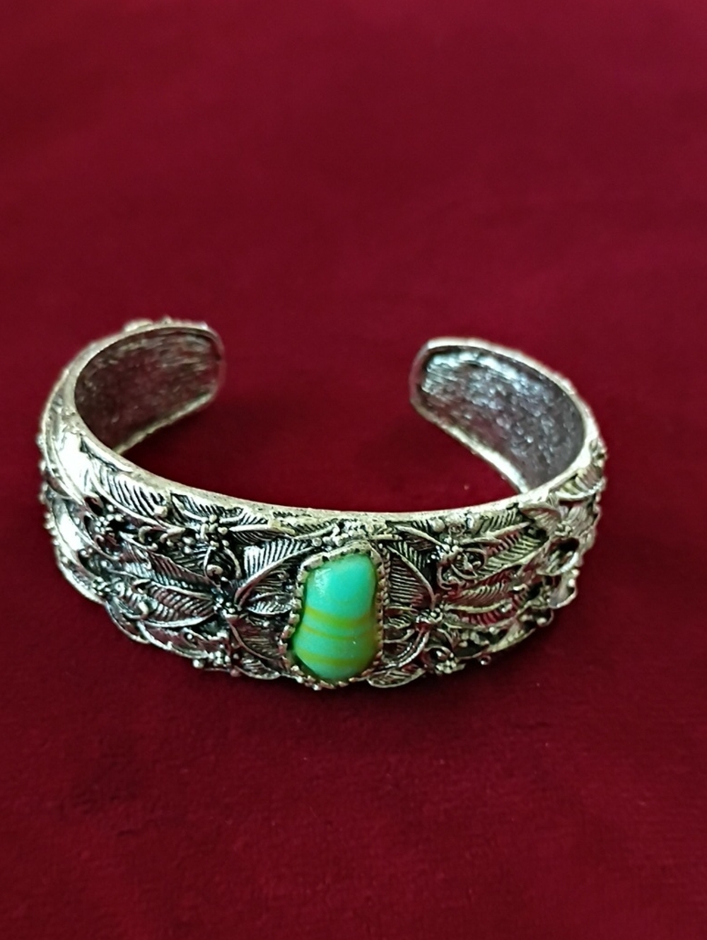 Silver-Tone Filigree Cuff Bracelet with Green Stone